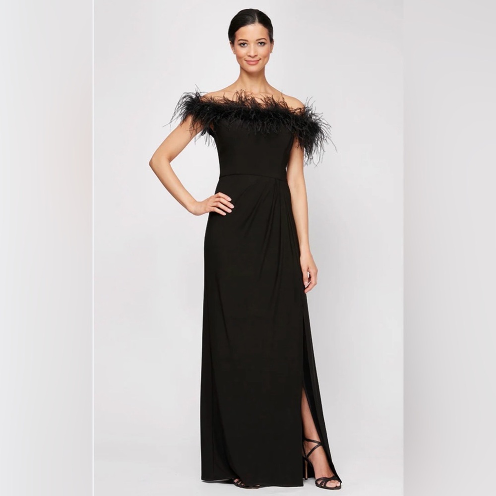 Alex Evenings Black Marabou Feather Trim Formal Maxi Dress Size 12 $269 NEW